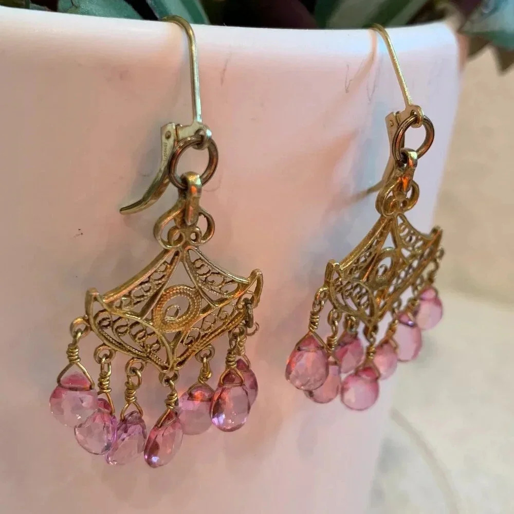 Handmade Pink Tourmaline Gold Vermeil Fan-Shaped Drop Earrings Bespoke Jewelry - Picture 2 of 5